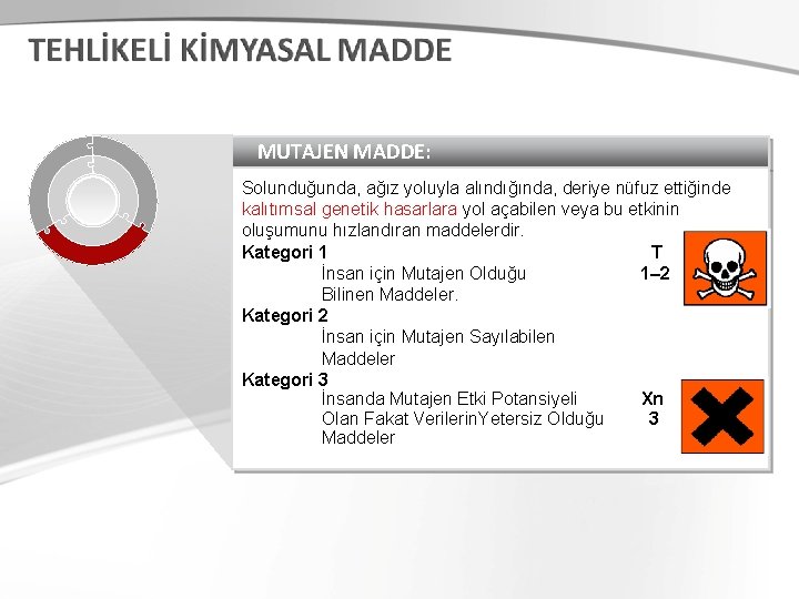 MUTAJEN MADDE: Solunduğunda, ağız yoluyla alındığında, deriye nüfuz ettiğinde kalıtımsal genetik hasarlara yol açabilen