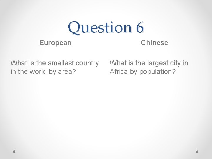 Question 6 European What is the smallest country in the world by area? Chinese