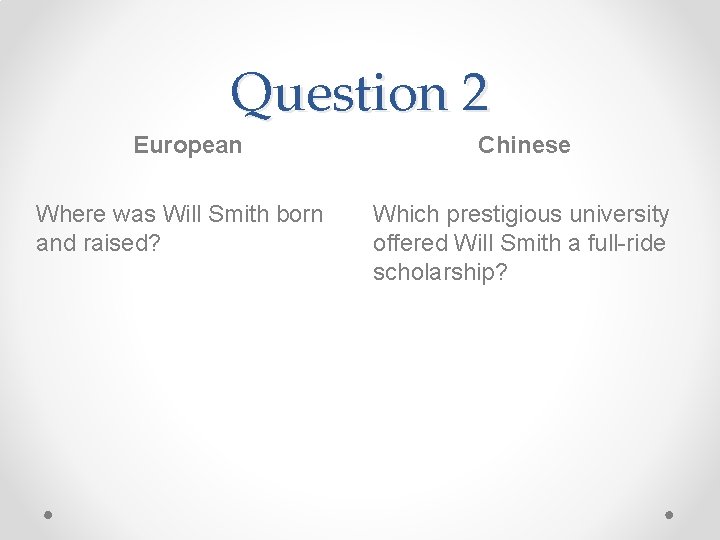 Question 2 European Where was Will Smith born and raised? Chinese Which prestigious university