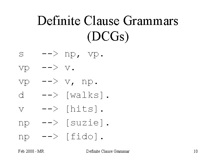 Definite Clause Grammars (DCGs) s vp vp d v np np --> --> Feb