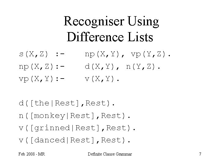 Recogniser Using Difference Lists s(X, Z) : np(X, Z): vp(X, Y): - np(X, Y),