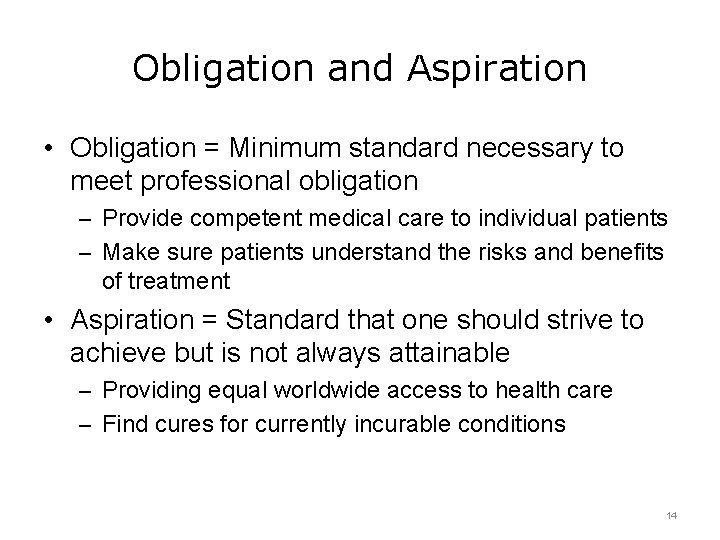 Obligation and Aspiration • Obligation = Minimum standard necessary to meet professional obligation –