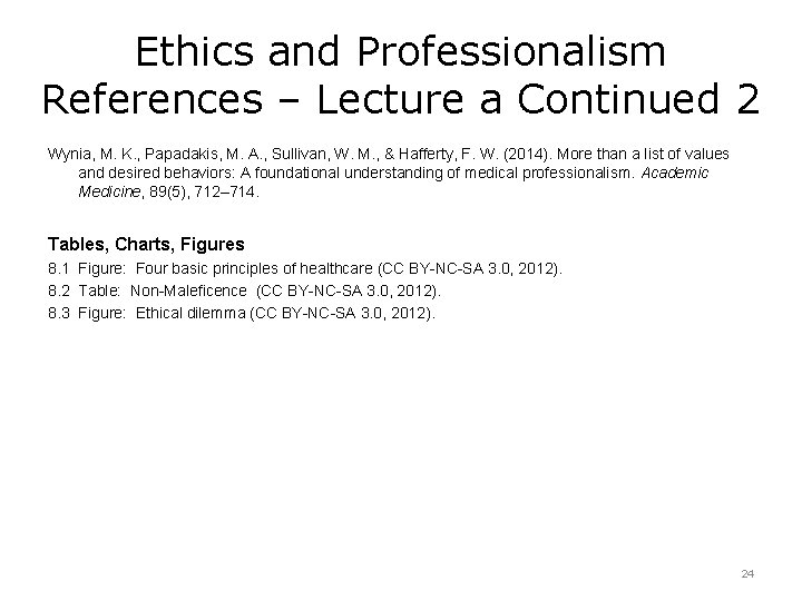 Ethics and Professionalism References – Lecture a Continued 2 Wynia, M. K. , Papadakis,