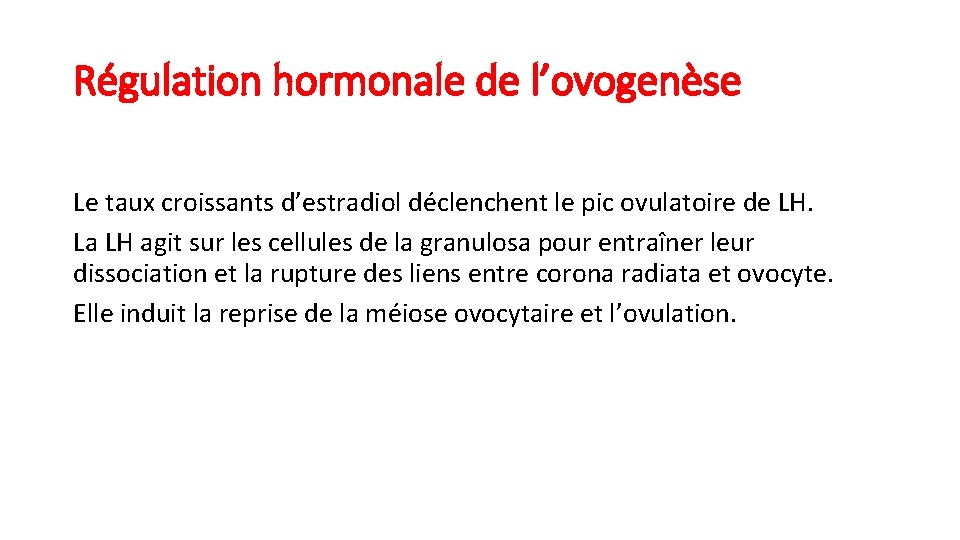 Régulation hormonale de l’ovogenèse Le taux croissants d’estradiol déclenchent le pic ovulatoire de LH.