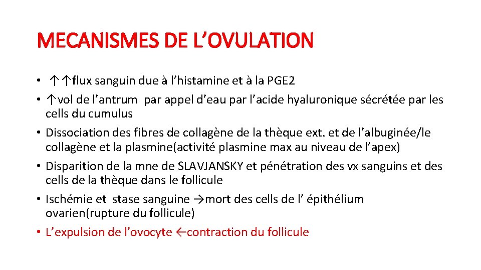 MECANISMES DE L’OVULATION • ↑↑flux sanguin due à l’histamine et à la PGE 2