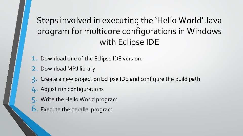 Steps involved in executing the ‘Hello World’ Java program for multicore configurations in Windows