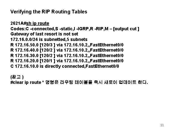 Verifying the RIP Routing Tables 2621 A#sh ip route Codes: C -connected, S -static,