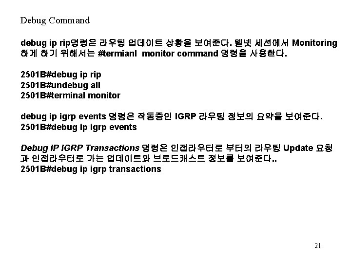 Debug Command debug ip rip명령은 라우팅 업데이트 상황을 보여준다. 텔넷 세션에서 Monitoring 하게 하기