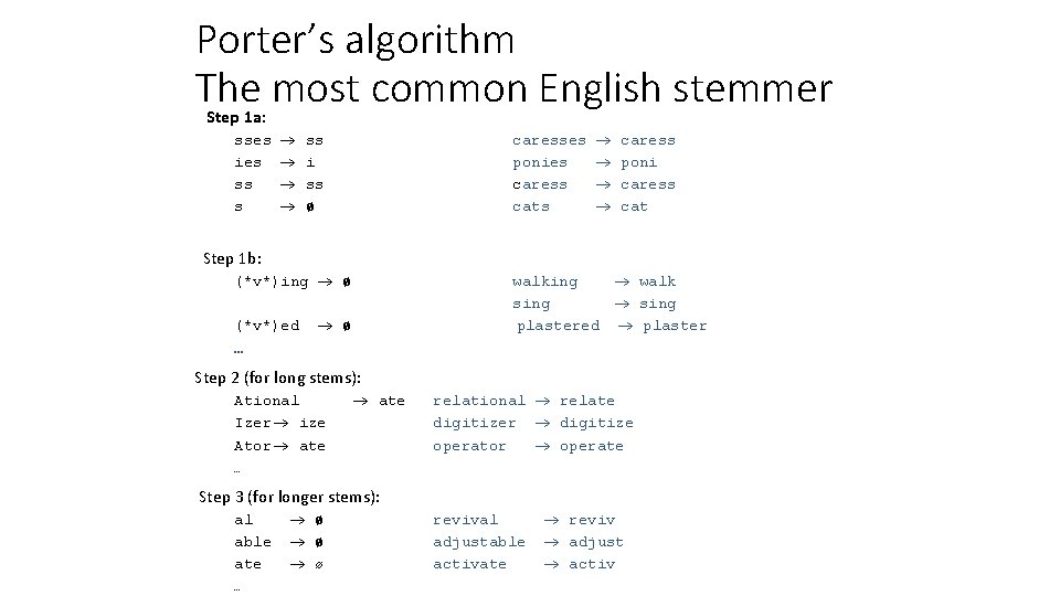 Porter’s algorithm The most common English stemmer Step 1 a: sses ies ss s