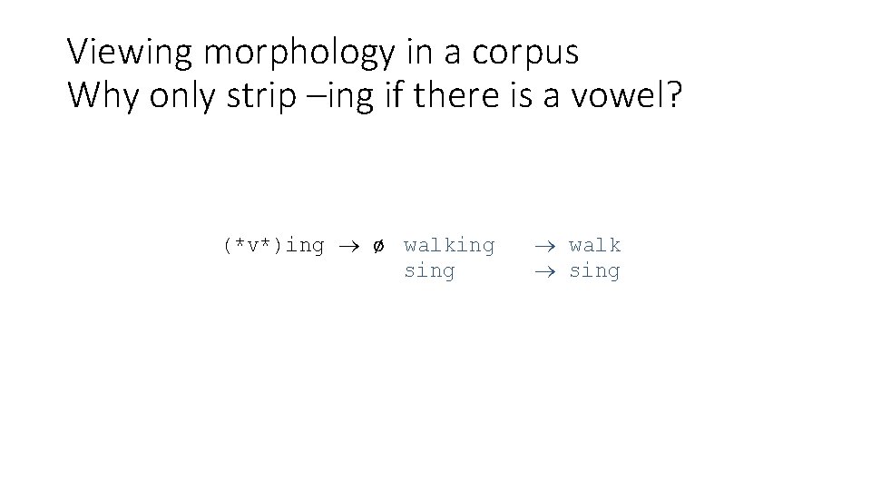 Viewing morphology in a corpus Why only strip –ing if there is a vowel?