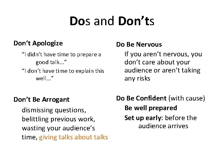 Dos and Don’ts Don’t Apologize “I didn’t have time to prepare a good talk.