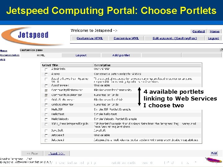 Jetspeed Computing Portal: Choose Portlets 4 available portlets linking to Web Services I choose
