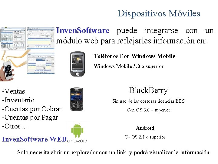 Dispositivos Móviles Inven. Software puede integrarse con un módulo web para reflejarles información en: