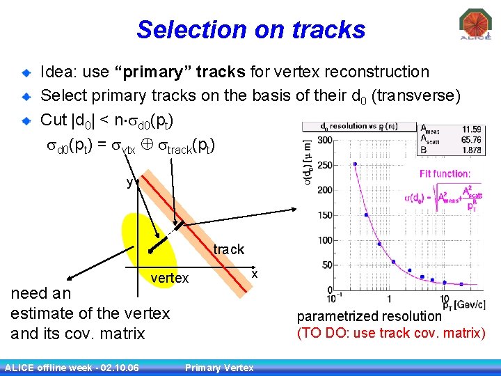 Selection on tracks Idea: use “primary” tracks for vertex reconstruction Select primary tracks on