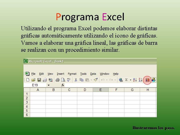 Programa Excel Utilizando el programa Excel podemos elaborar distintas gráficas automáticamente utilizando el icono