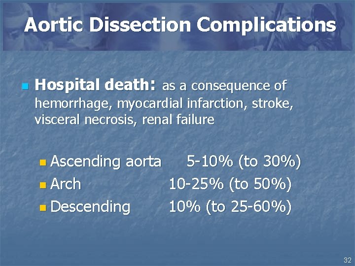 Aortic Dissection Complications n Hospital death: as a consequence of hemorrhage, myocardial infarction, stroke,