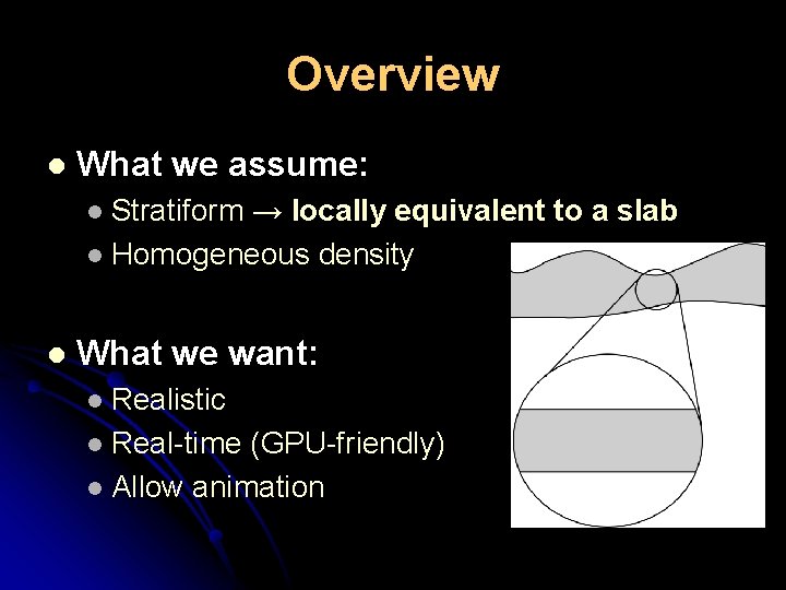 Overview l What we assume: Stratiform → locally equivalent to a slab l Homogeneous