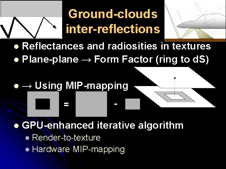 Ground-clouds inter-reflections Reflectances and radiosities in textures l Plane-plane → Form Factor (ring to