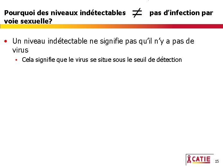 Pourquoi des niveaux indétectables voie sexuelle? pas d’infection par • Un niveau indétectable ne