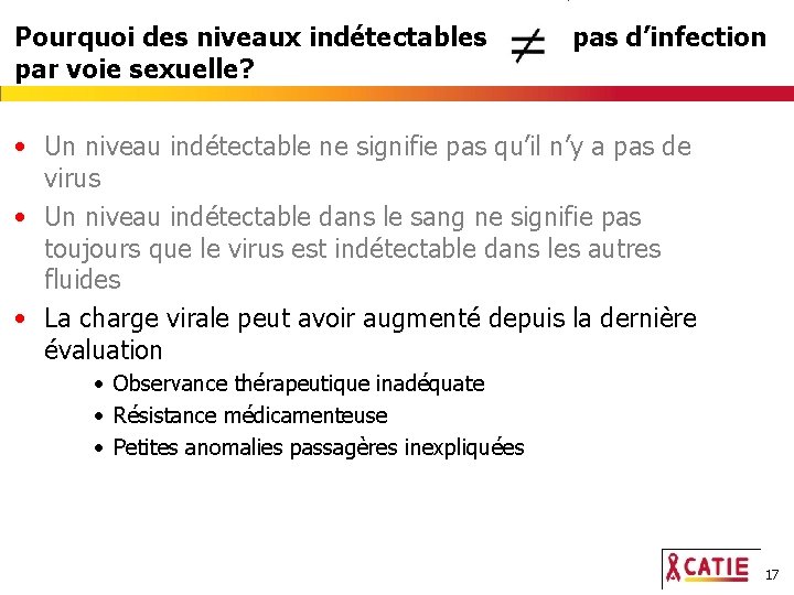 Pourquoi des niveaux indétectables par voie sexuelle? pas d’infection • Un niveau indétectable ne