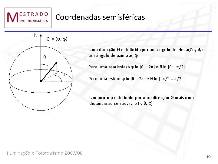 Coordenadas semisféricas N = (θ, ) Uma direcção Θ é definida por um ângulo
