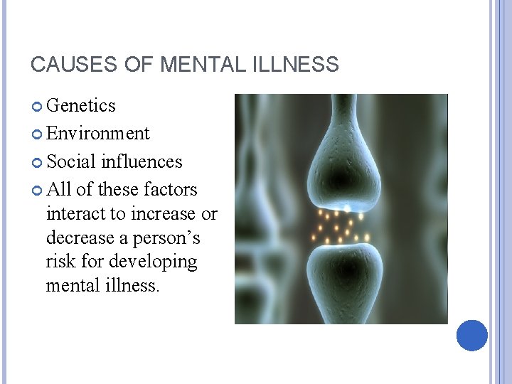 CAUSES OF MENTAL ILLNESS Genetics Environment Social influences All of these factors interact to