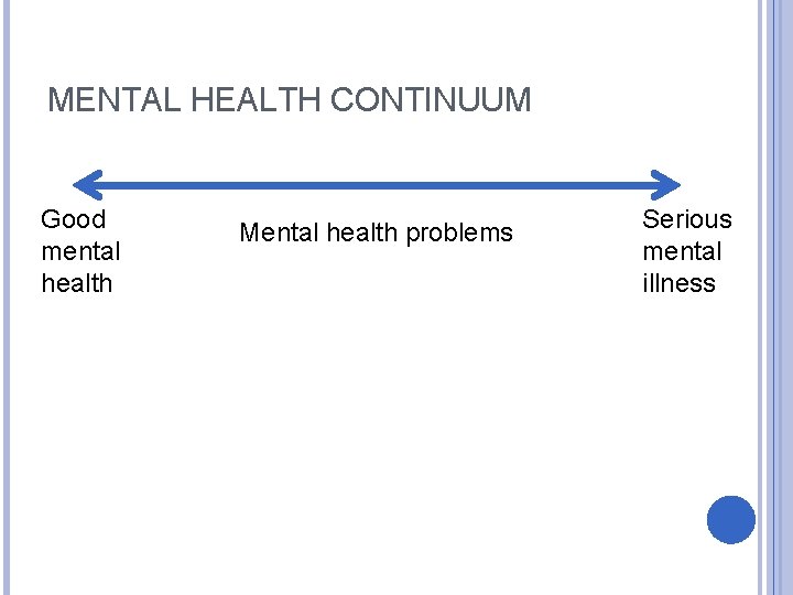 MENTAL HEALTH CONTINUUM Good mental health Mental health problems Serious mental illness 