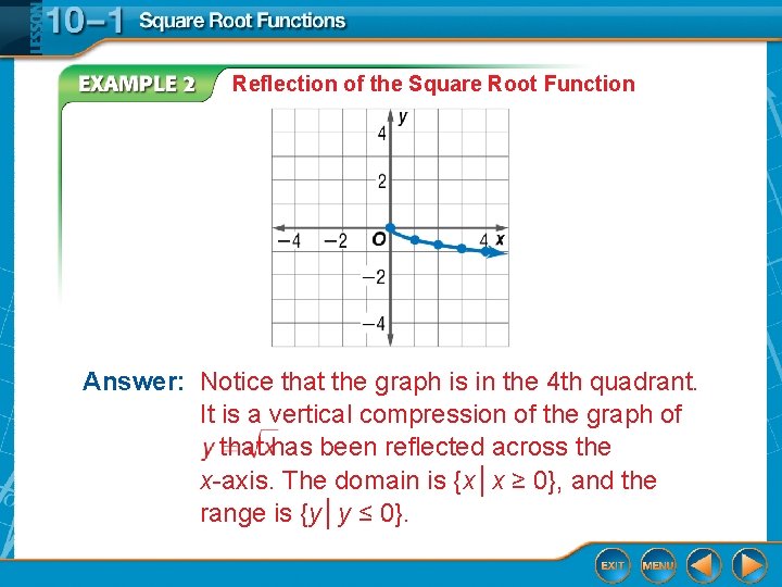 Reflection of the Square Root Function Answer: Notice that the graph is in the