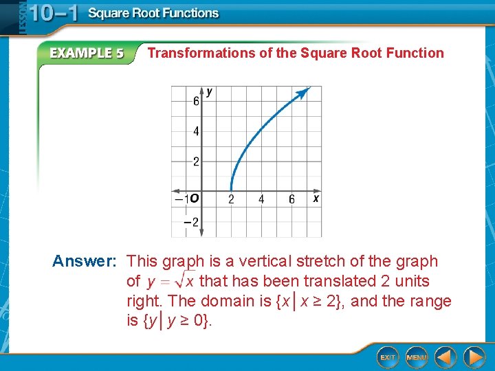 Transformations of the Square Root Function Answer: This graph is a vertical stretch of