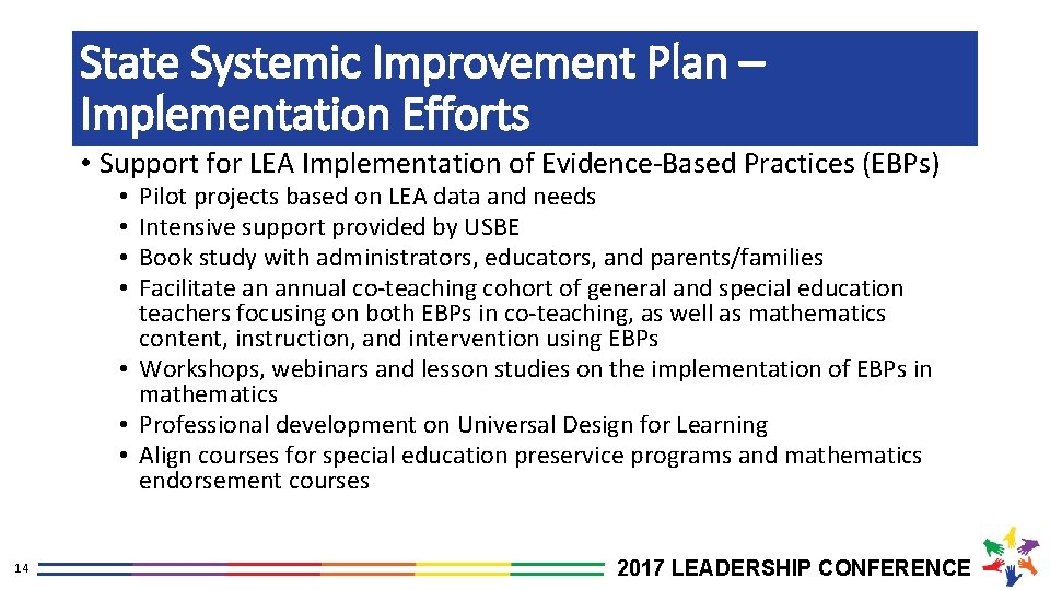 State Systemic Improvement Plan – Implementation Efforts • Support for LEA Implementation of Evidence-Based