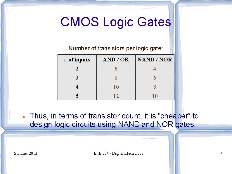 CMOS Logic Gates Number of transistors per logic gate: # of inputs AND /
