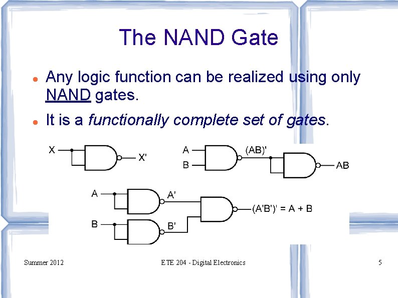 The NAND Gate Any logic function can be realized using only NAND gates. It