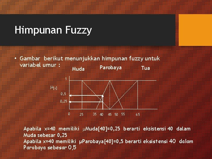 Himpunan Fuzzy • Gambar berikut menunjukkan himpunan fuzzy untuk variabel umur : Parobaya Tua