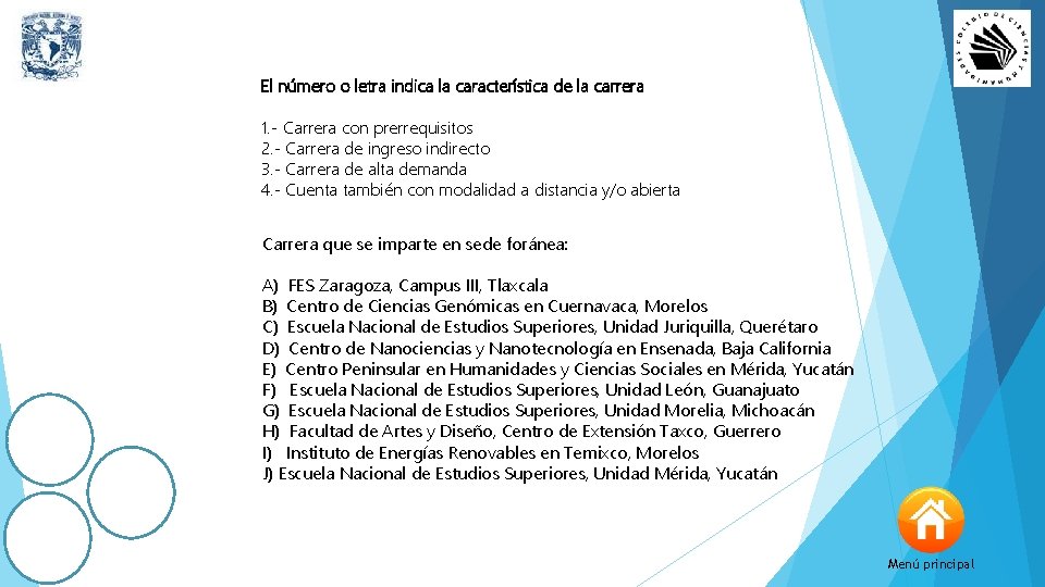 El número o letra indica la característica de la carrera 1. - Carrera con