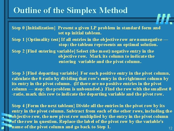 Outline of the Simplex Method Step 0 [Initialization] Present a given LP problem in