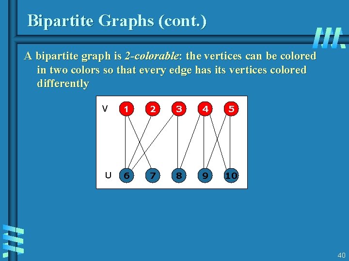Bipartite Graphs (cont. ) A bipartite graph is 2 -colorable: the vertices can be Bipartite Graphs (cont. ) A bipartite graph is 2 -colorable: the vertices can be