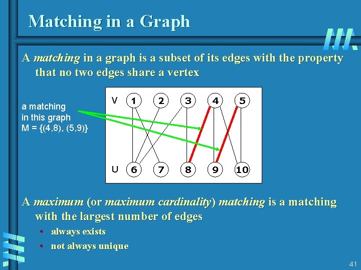 Matching in a Graph A matching in a graph is a subset of its Matching in a Graph A matching in a graph is a subset of its