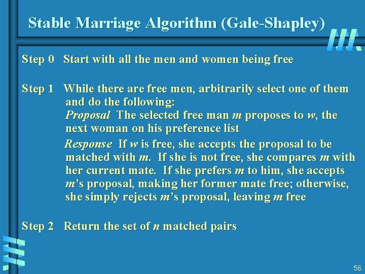 Stable Marriage Algorithm (Gale-Shapley) Step 0 Start with all the men and women being Stable Marriage Algorithm (Gale-Shapley) Step 0 Start with all the men and women being