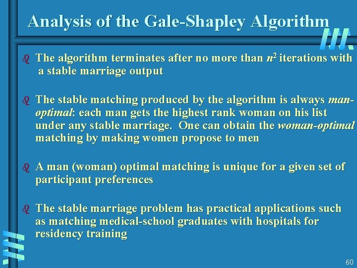 Analysis of the Gale-Shapley Algorithm b The algorithm terminates after no more than n Analysis of the Gale-Shapley Algorithm b The algorithm terminates after no more than n