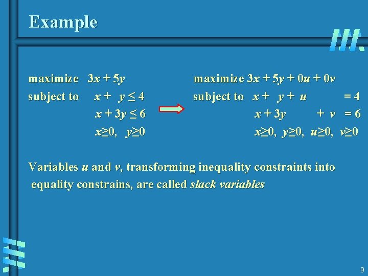 Example maximize 3 x + 5 y subject to x + y ≤ 4 Example maximize 3 x + 5 y subject to x + y ≤ 4