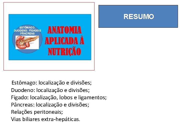 RESUMO Estômago: localização e divisões; Duodeno: localização e divisões; Fígado: localização, lobos e ligamentos; RESUMO Estômago: localização e divisões; Duodeno: localização e divisões; Fígado: localização, lobos e ligamentos;