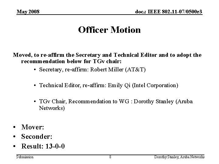 May 2008 doc. : IEEE 802. 11 -07/0500 r 3 Officer Motion Moved, to