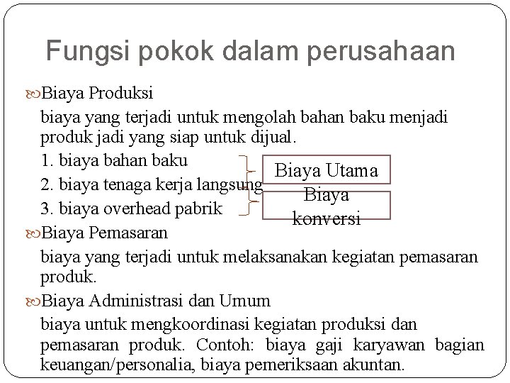 Fungsi pokok dalam perusahaan Biaya Produksi biaya yang terjadi untuk mengolah bahan baku menjadi