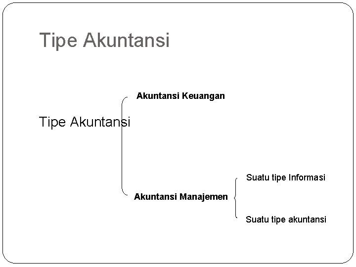 Tipe Akuntansi Keuangan Tipe Akuntansi Suatu tipe Informasi Akuntansi Manajemen Suatu tipe akuntansi 