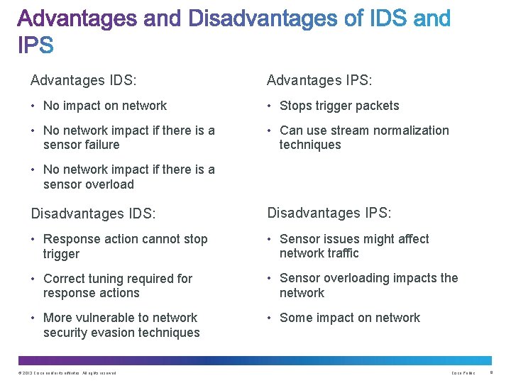 Advantages IDS: Advantages IPS: • No impact on network • Stops trigger packets •