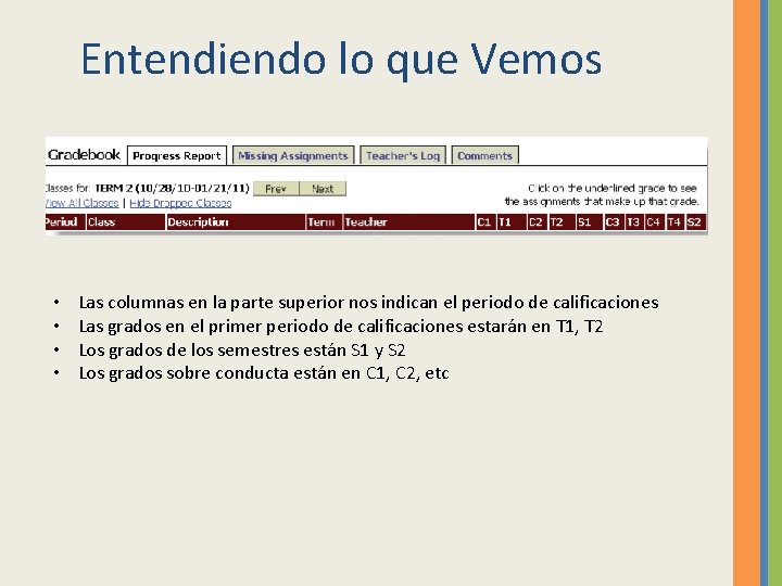 Entendiendo lo que Vemos • • Las columnas en la parte superior nos indican