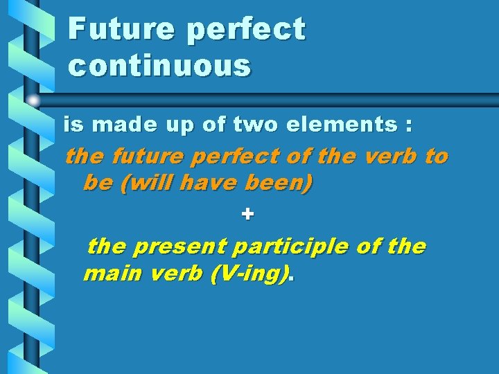 Future perfect continuous is made up of two elements : the future perfect of