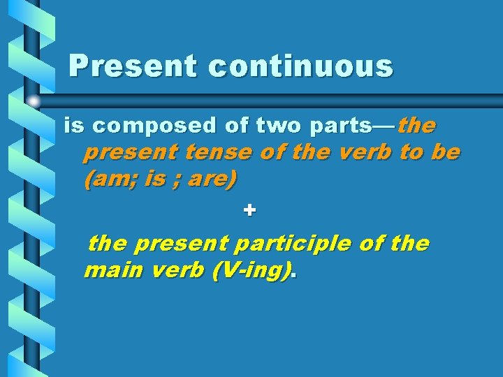 Present continuous is composed of two parts—the present tense of the verb to be