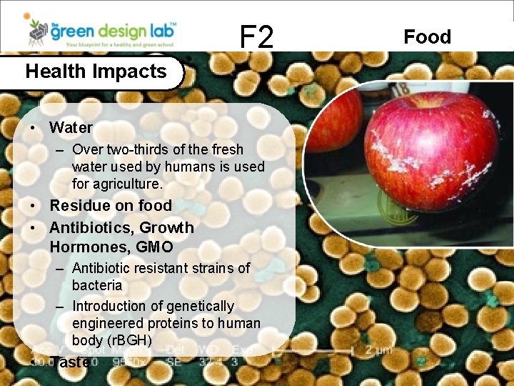 F 2 Health Impacts • Water – Over two-thirds of the fresh water used