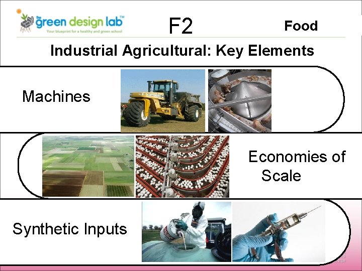 F 2 Food Industrial Agricultural: Key Elements Machines Economies of Scale Synthetic Inputs 